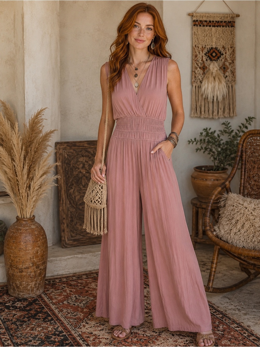 Old Navy Warm Taupe Boho Wide Leg Sleeveless Comfy Romper Jumpsuit Large - Picture 7 of 7